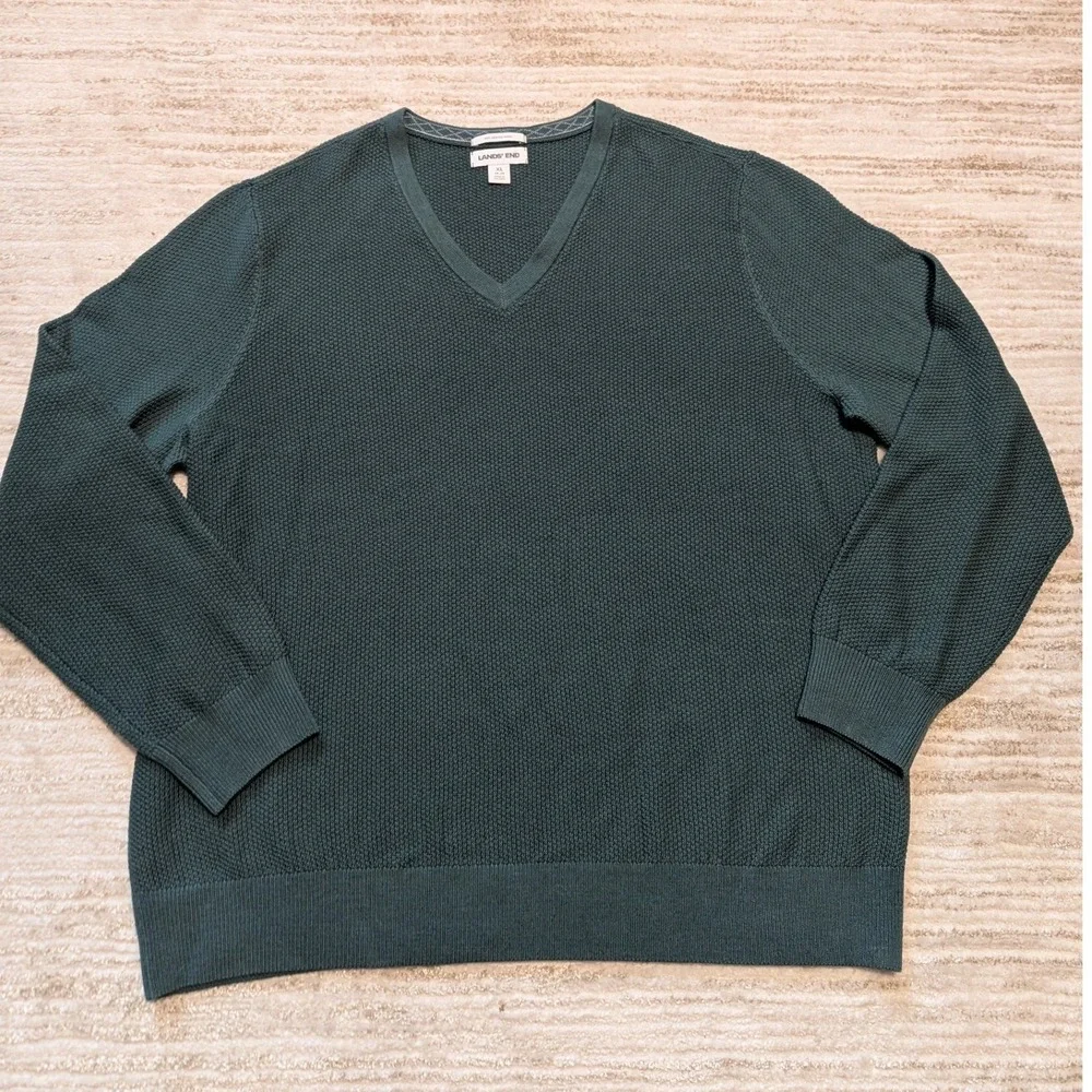 Lands End V Neck Sweater Mens Sz XL Green Merino Wool Washable Pullover Luxury